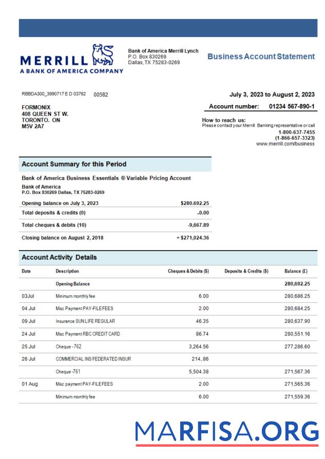 Downloadable Merrill Bank organization account statement Word and PDF template